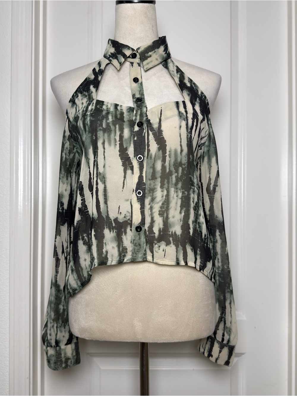 Millau Tie-Dye Halter-Collar Button-Front Cutout Top in Green and Cream